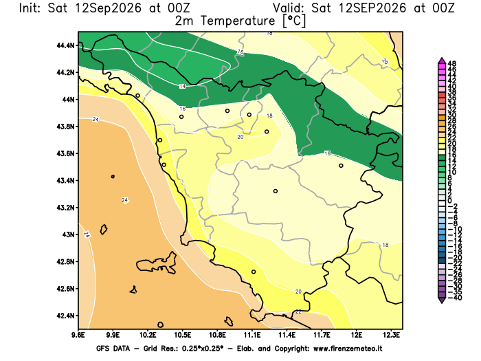 Mappa di analisi GFS - Temperatura a 2 metri dal suolo in Toscana
del 12 settembre 2026 z00