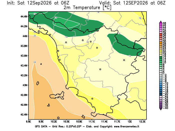 Mappa di analisi GFS - Temperatura a 2 metri dal suolo in Toscana
del 12 settembre 2026 z06