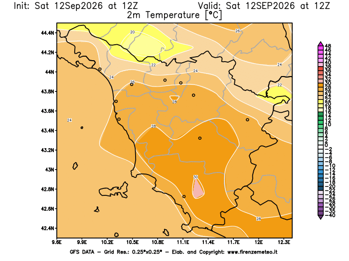 Mappa di analisi GFS - Temperatura a 2 metri dal suolo in Toscana
del 12 settembre 2026 z12