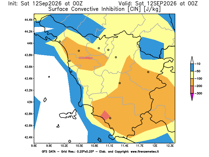 Mappa di analisi GFS - CIN in Toscana
del 12 settembre 2026 z00