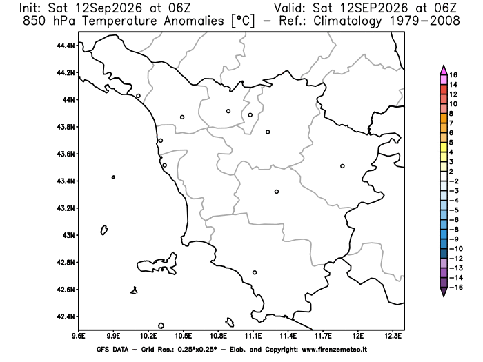 Mappa di analisi GFS - Anomalia Temperatura a 850 hPa in Toscana
del 12 settembre 2026 z06