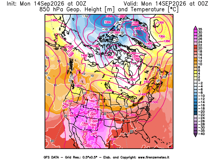 Mappa di analisi GFS - Geopotenziale e Temperatura a 850 hPa in Nord-America
del 14 settembre 2026 z00