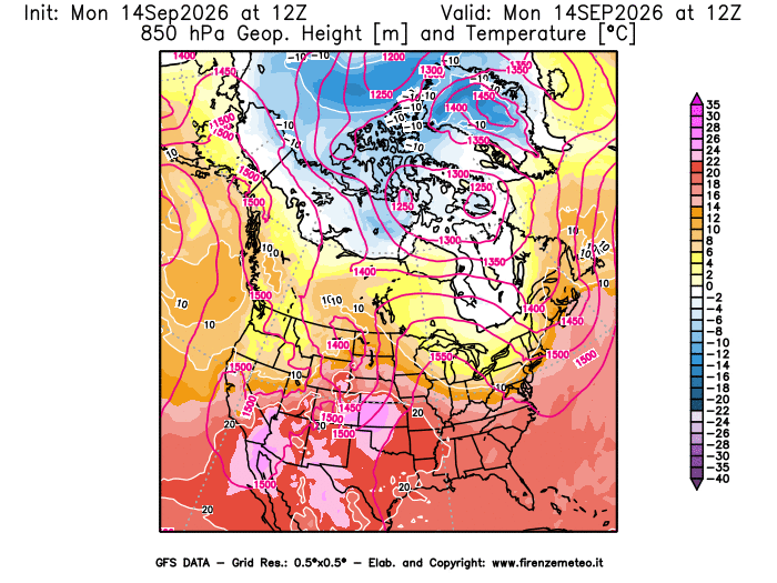Mappa di analisi GFS - Geopotenziale e Temperatura a 850 hPa in Nord-America
del 14 settembre 2026 z12