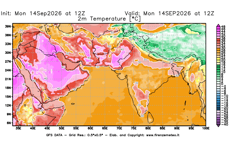 Mappa di analisi GFS - Temperatura a 2 metri dal suolo in Asia Sud-Occidentale
del 14 settembre 2026 z12