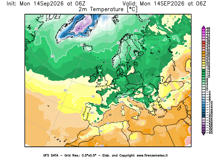 Mappa di analisi GFS - Temperatura a 2 metri dal suolo in Europa
del 14 settembre 2026 z06