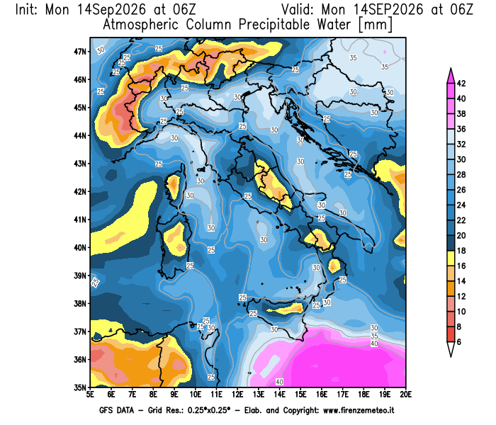 Mappa di analisi GFS - Precipitable Water in Italia
del 14 settembre 2026 z06