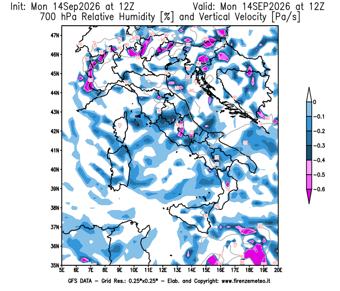Mappa di analisi GFS - Umidità relativa e Omega a 700 hPa in Italia
del 14 settembre 2026 z12