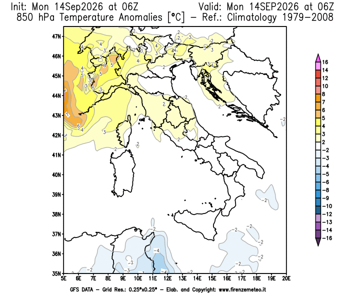 Mappa di analisi GFS - Anomalia Temperatura a 850 hPa in Italia
del 14 settembre 2026 z06