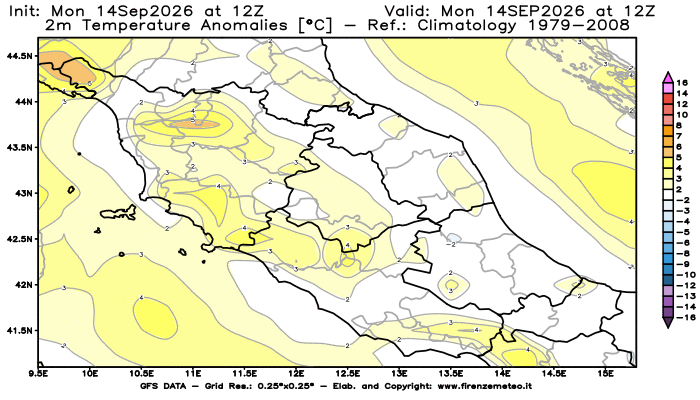 Mappa di analisi GFS - Anomalia Temperatura a 2 m in Centro-Italia
del 14 settembre 2026 z12
