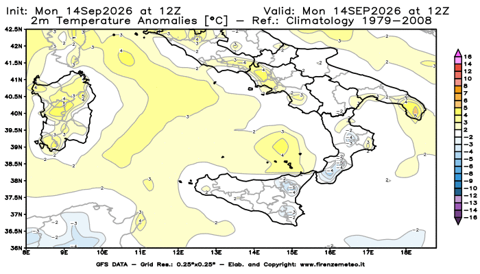 Mappa di analisi GFS - Anomalia Temperatura a 2 m in Sud-Italia
del 14 settembre 2026 z12