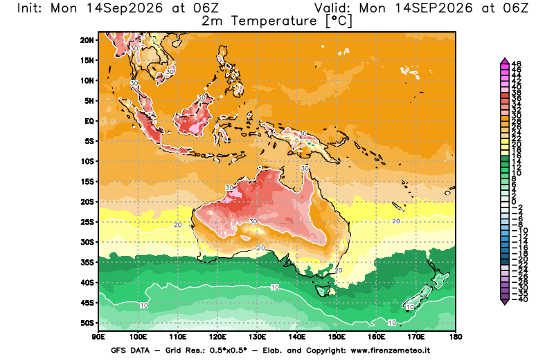 Mappa di analisi GFS - Temperatura a 2 metri dal suolo in Oceania
del 14 settembre 2026 z06
