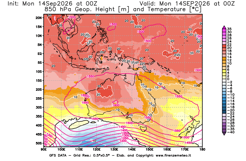 Mappa di analisi GFS - Geopotenziale e Temperatura a 850 hPa in Oceania
del 14 settembre 2026 z00