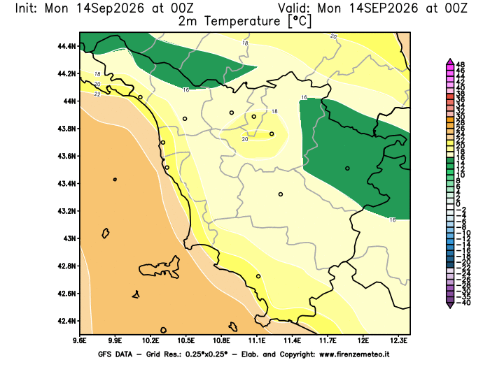 Mappa di analisi GFS - Temperatura a 2 metri dal suolo in Toscana
del 14 settembre 2026 z00
