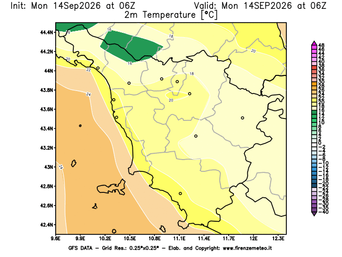 Mappa di analisi GFS - Temperatura a 2 metri dal suolo in Toscana
del 14 settembre 2026 z06
