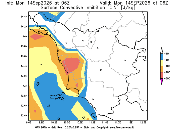 Mappa di analisi GFS - CIN in Toscana
del 14 settembre 2026 z06