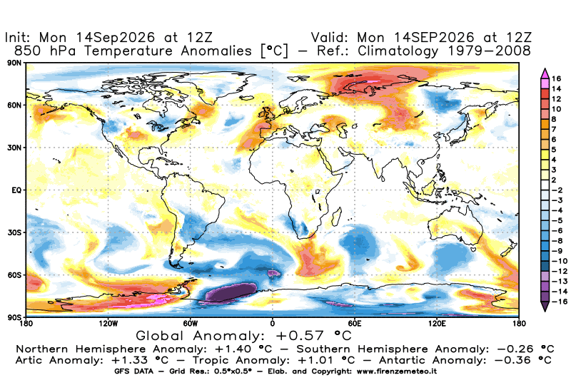 Mappa di analisi GFS - Anomalia Temperatura a 850 hPa in World
del 14 settembre 2026 z12