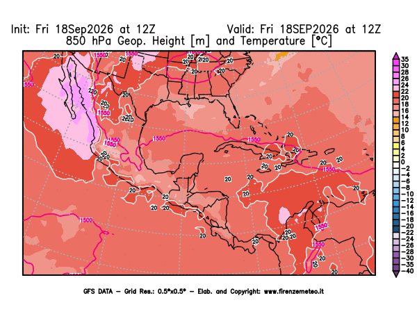 Mappa di analisi GFS - Geopotenziale e Temperatura a 850 hPa in Centro-America
del 18 settembre 2026 z12