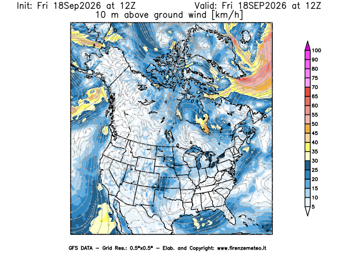 Mappa di analisi GFS - Velocità del vento a 10 metri dal suolo in Nord-America
del 18 settembre 2026 z12