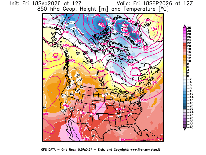 Mappa di analisi GFS - Geopotenziale e Temperatura a 850 hPa in Nord-America
del 18 settembre 2026 z12