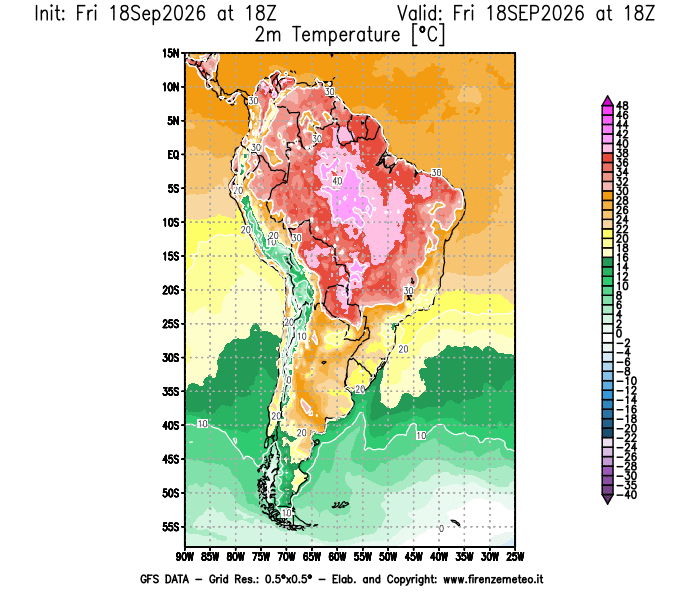 Mappa di analisi GFS - Temperatura a 2 metri dal suolo in Sud-America
del 18 settembre 2026 z18