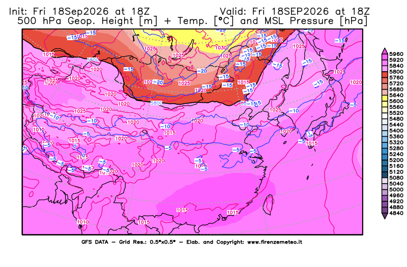 Mappa di analisi GFS - Geopotenziale + Temp. a 500 hPa + Press. a livello del mare in Asia Orientale
del 18 settembre 2026 z18