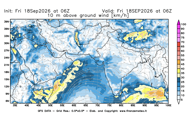 Mappa di analisi GFS - Velocità del vento a 10 metri dal suolo in Asia Sud-Occidentale
del 18 settembre 2026 z06