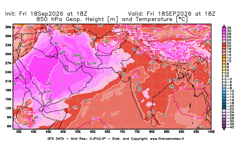 Mappa di analisi GFS - Geopotenziale e Temperatura a 850 hPa in Asia Sud-Occidentale
del 18 settembre 2026 z18