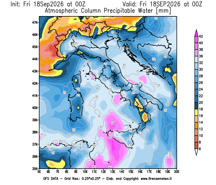 Mappa di analisi GFS - Precipitable Water in Italia
del 18 settembre 2026 z00