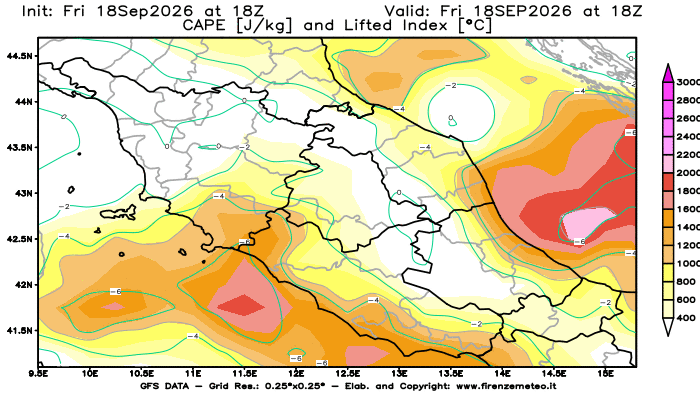 Mappa di analisi GFS - CAPE e Lifted Index in Centro-Italia
del 18 settembre 2026 z18