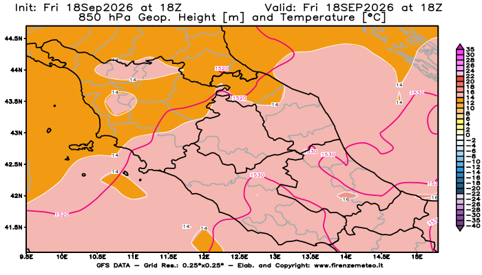 Mappa di analisi GFS - Geopotenziale e Temperatura a 850 hPa in Centro-Italia
del 18 settembre 2026 z18