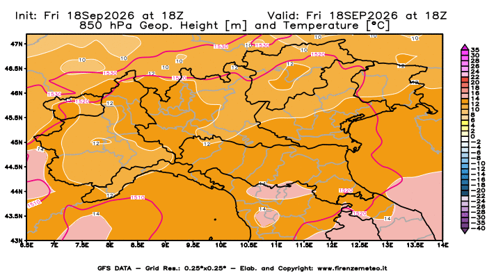 Mappa di analisi GFS - Geopotenziale e Temperatura a 850 hPa in Nord-Italia
del 18 settembre 2026 z18