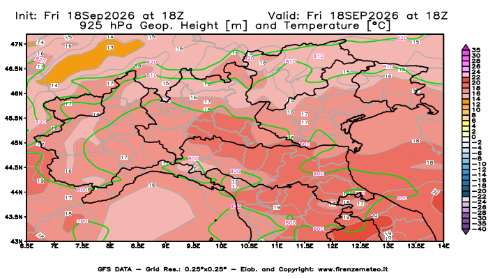 Mappa di analisi GFS - Geopotenziale e Temperatura a 925 hPa in Nord-Italia
del 18 settembre 2026 z18