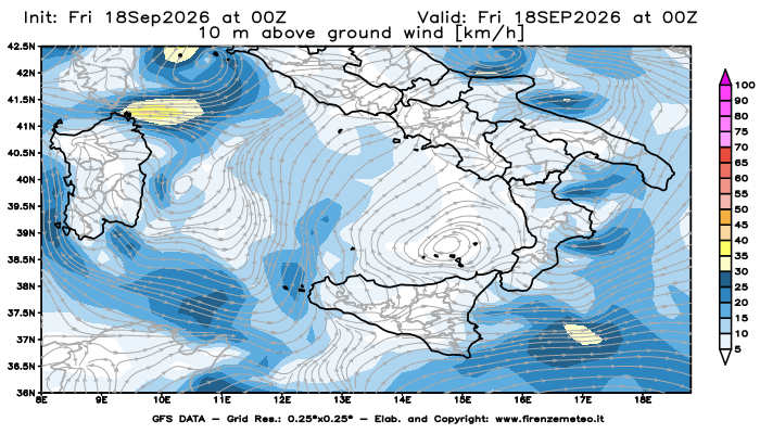 Mappa di analisi GFS - Velocità del vento a 10 metri dal suolo in Sud-Italia
del 18 settembre 2026 z00