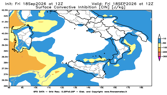 Mappa di analisi GFS - CIN in Sud-Italia
del 18 settembre 2026 z12