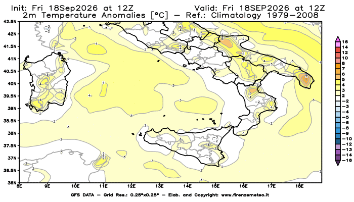 Mappa di analisi GFS - Anomalia Temperatura a 2 m in Sud-Italia
del 18 settembre 2026 z12