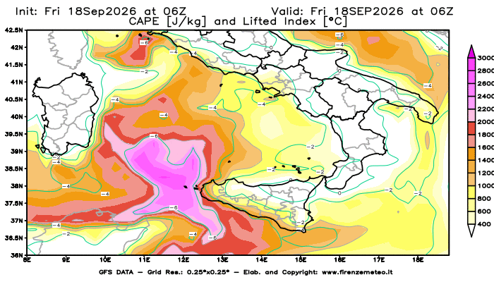 Mappa di analisi GFS - CAPE e Lifted Index in Sud-Italia
del 18 settembre 2026 z06