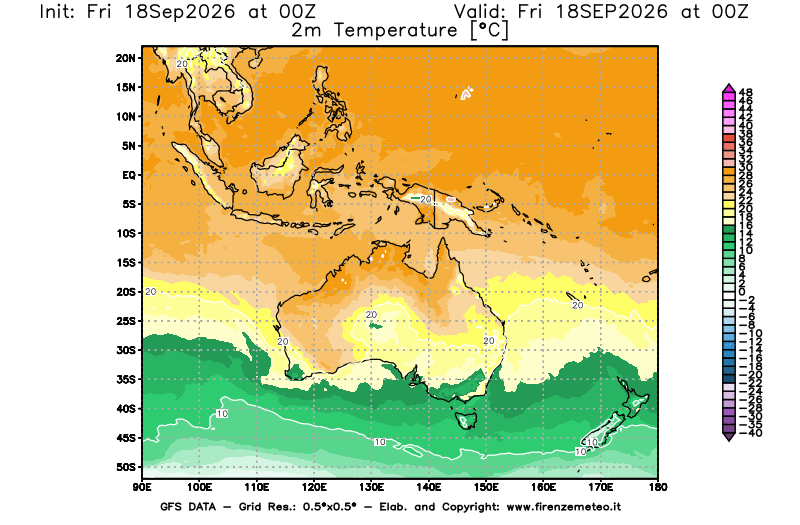 Mappa di analisi GFS - Temperatura a 2 metri dal suolo in Oceania
del 18 settembre 2026 z00