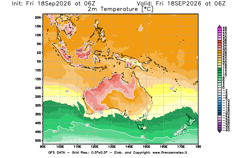 Mappa di analisi GFS - Temperatura a 2 metri dal suolo in Oceania
del 18 settembre 2026 z06