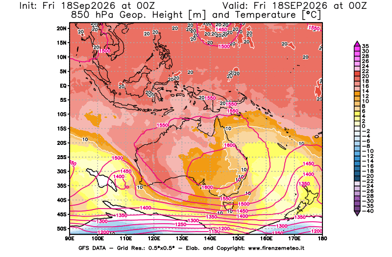 Mappa di analisi GFS - Geopotenziale e Temperatura a 850 hPa in Oceania
del 18 settembre 2026 z00