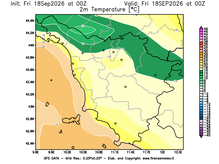 Mappa di analisi GFS - Temperatura a 2 metri dal suolo in Toscana
del 18 settembre 2026 z00