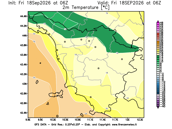 Mappa di analisi GFS - Temperatura a 2 metri dal suolo in Toscana
del 18 settembre 2026 z06