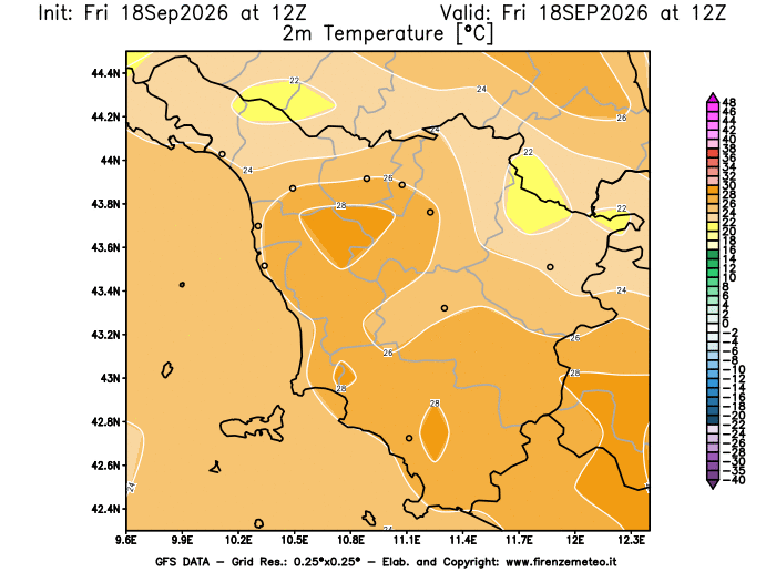 Mappa di analisi GFS - Temperatura a 2 metri dal suolo in Toscana
del 18 settembre 2026 z12