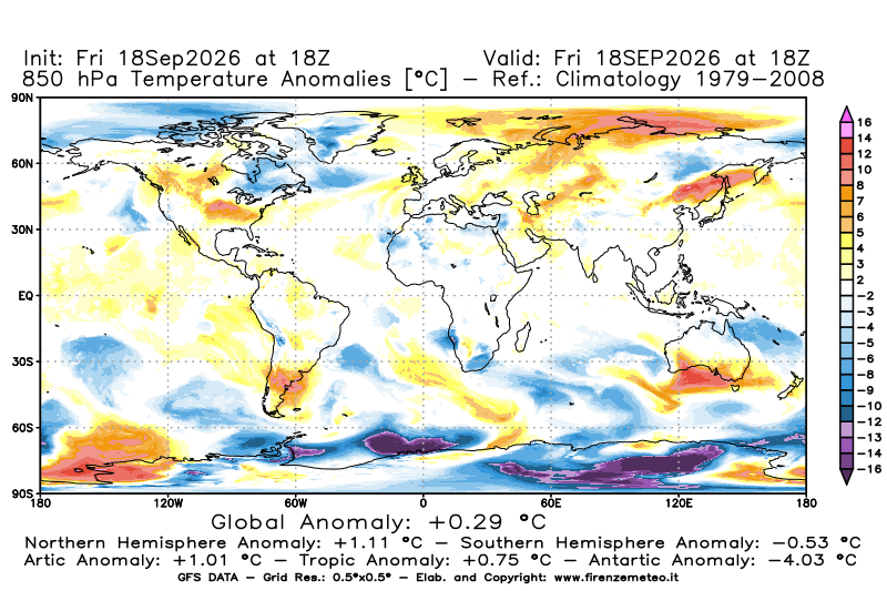 Mappa di analisi GFS - Anomalia Temperatura a 850 hPa in World
del 18 settembre 2026 z18