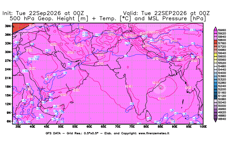 GFS analysi map - Geopotential + Temp. at 500 hPa + Sea Level Pressure in South West Asia
on September 22, 2026 H00