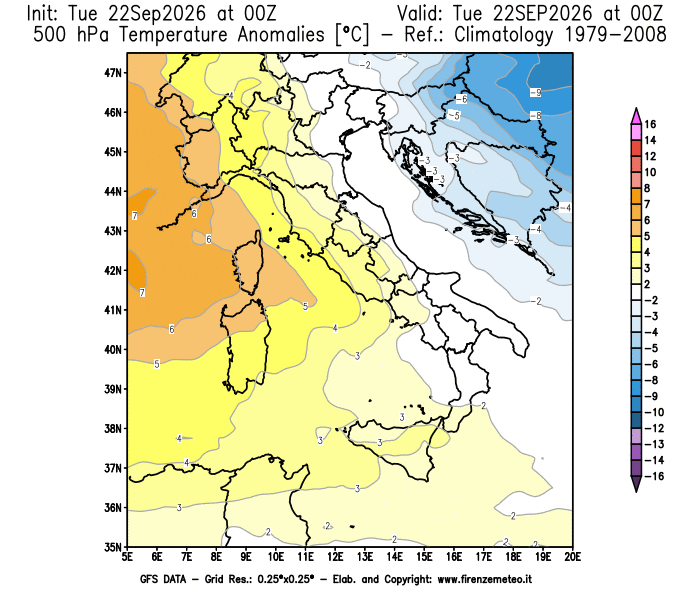 GFS analysi map - Temperature Anomalies at 500 hPa in Italy
on September 22, 2026 H00