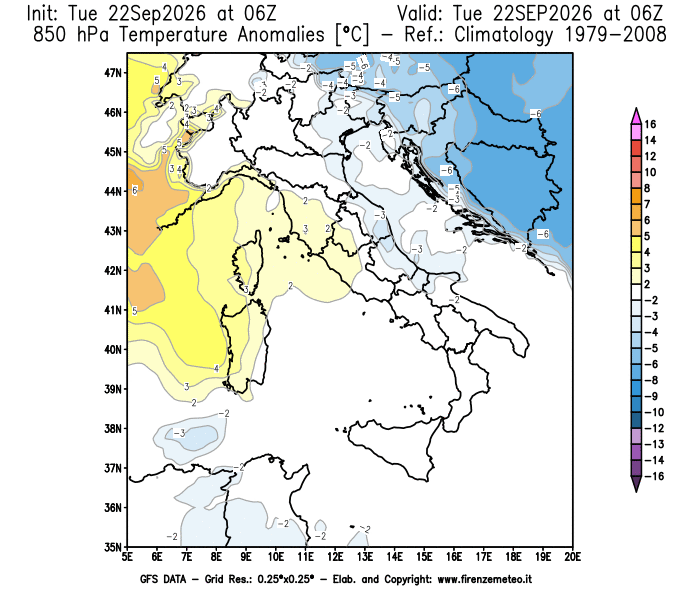 GFS analysi map - Temperature Anomalies at 850 hPa in Italy
on September 22, 2026 H06