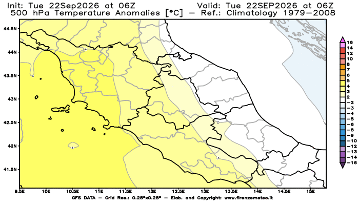 GFS analysi map - Temperature Anomalies at 500 hPa in Central Italy
on September 22, 2026 H06