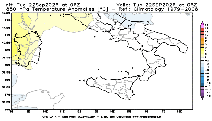 GFS analysi map - Temperature Anomalies at 850 hPa in Southern Italy
on September 22, 2026 H06