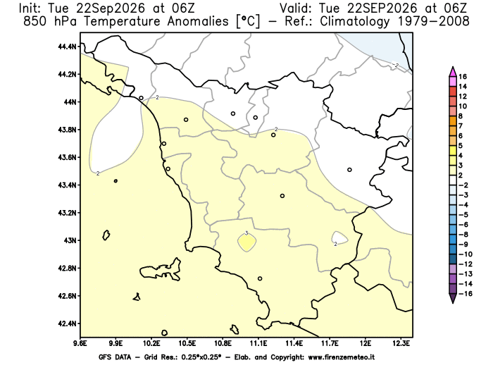 GFS analysi map - Temperature Anomalies at 850 hPa in Tuscany
on September 22, 2026 H06