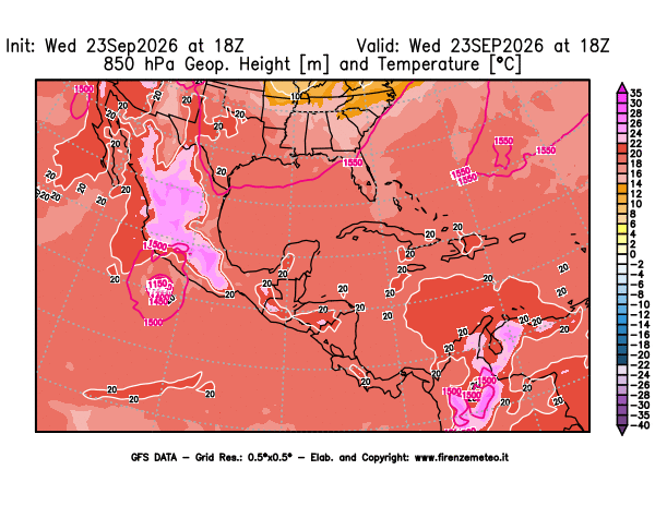Mappa di analisi GFS - Geopotenziale e Temperatura a 850 hPa in Centro-America
del 23 settembre 2026 z18